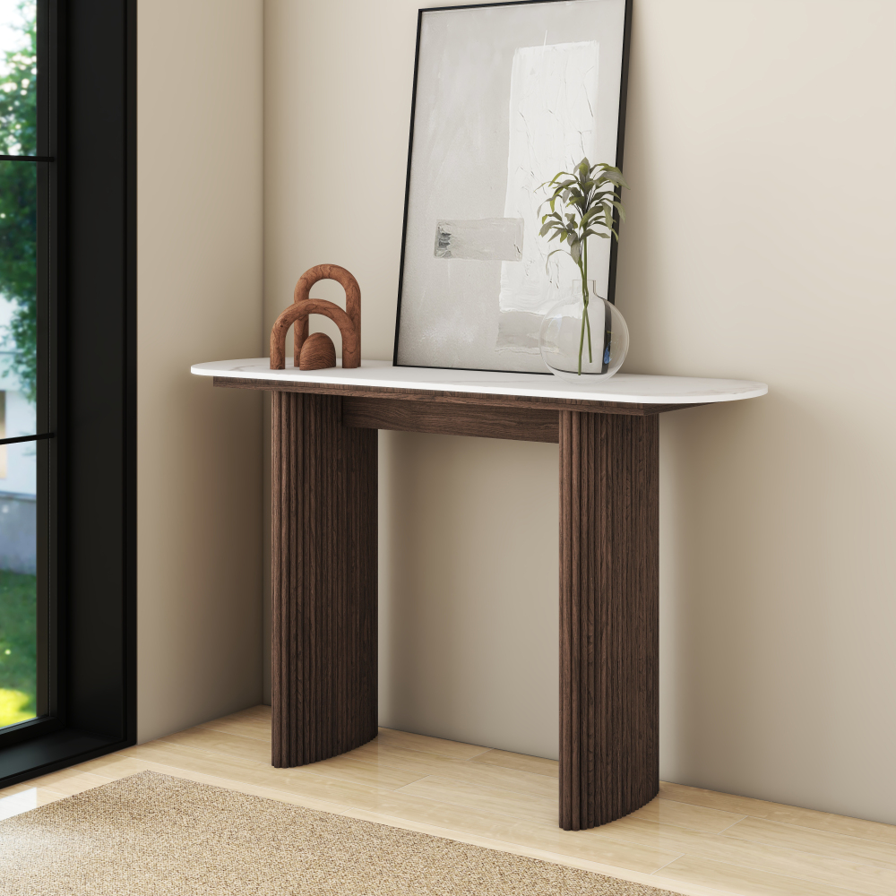 47.24" Walnut Console Table with Sintered Stone Top, Fluted Solid Wood Base Sofa Table
