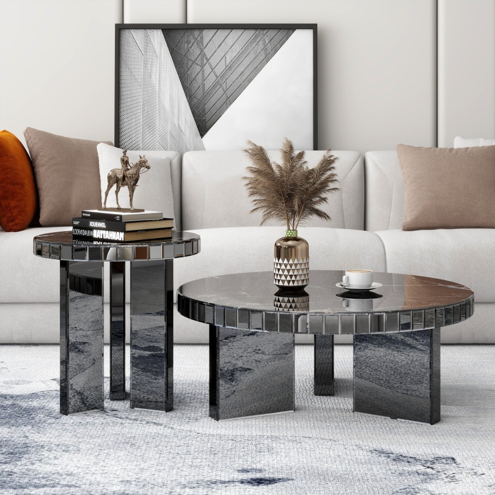 Black Mirrored Coffee Table with Marble Pattern  /SF-CF426
