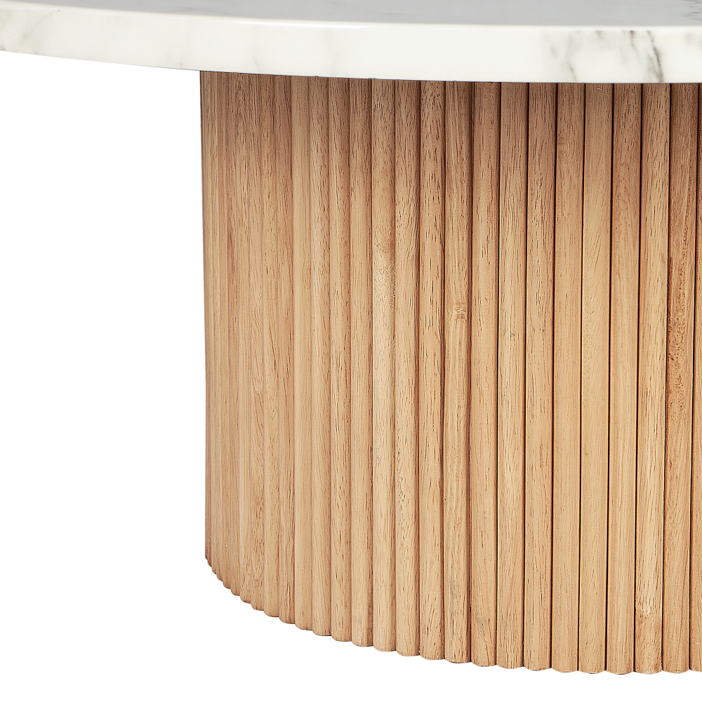 35" Fax Marble Top Coffee Table Round, Solid Wood Fluted Base Coffee Table