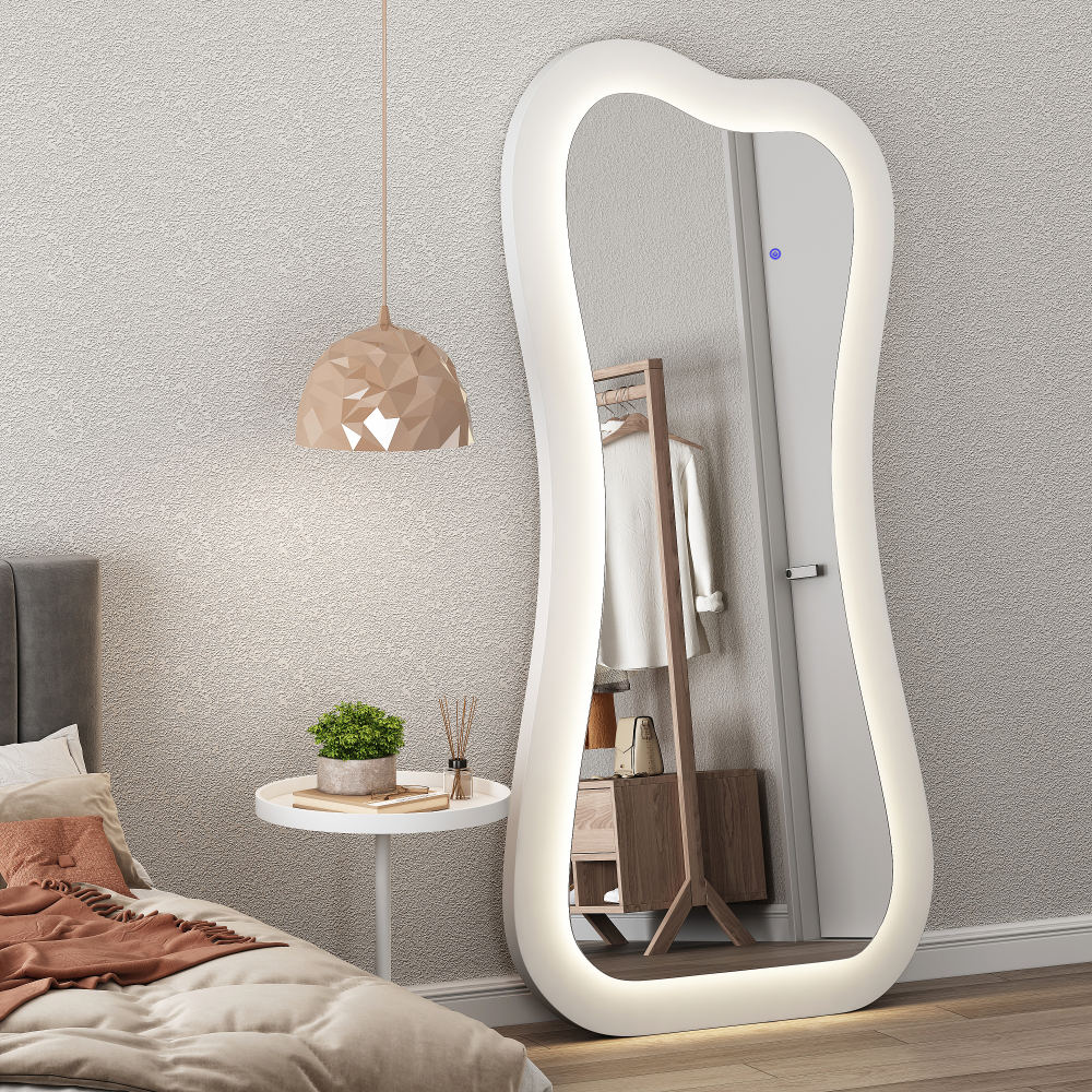 Modern Creative White Wood Floor Mirror with LED Home Furniture Livingroom Bedroom Decorative Art Makeup Dressing Mirror