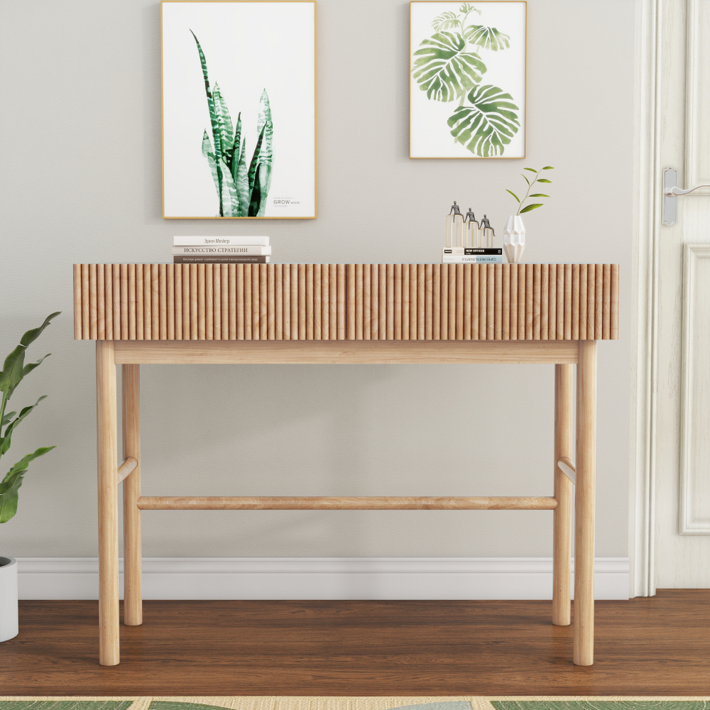 41.7" Console Table for Entryway, Sofa Table with 2 Drawers, Solid Wood Legs, White Oak Finish Hallway Table