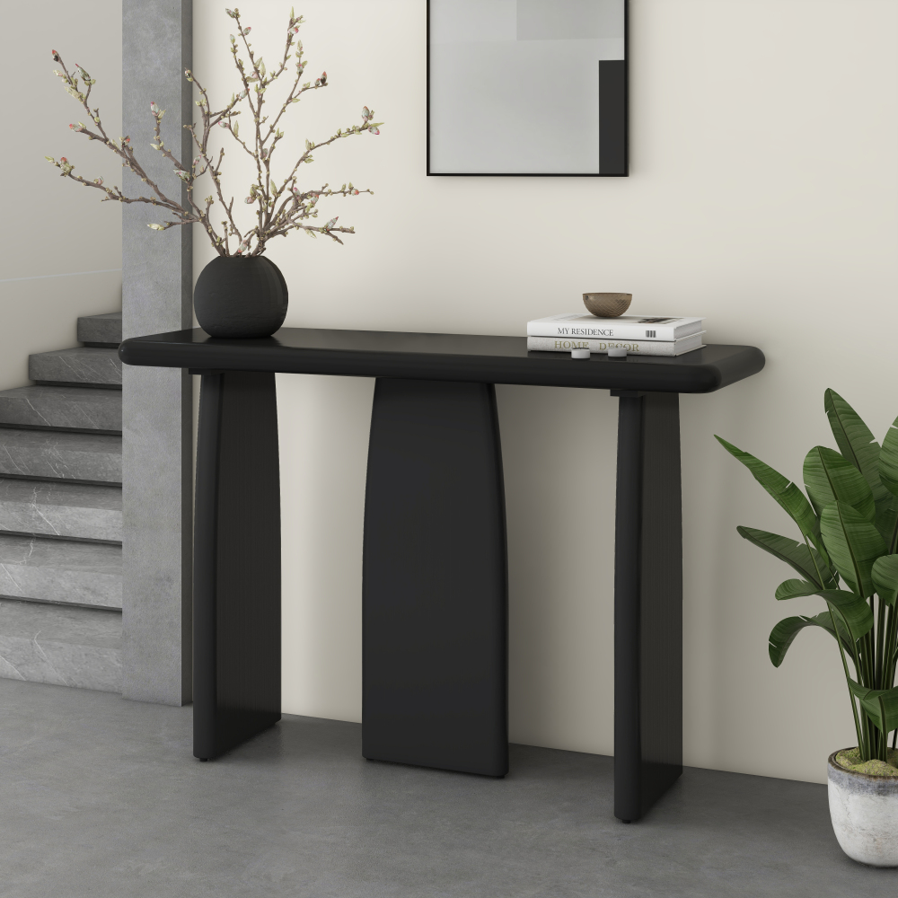 47.24" Black Modern Console Table with 3 Legs, Natural Wood Grain Entryway Table, Sofa Table for Living Room