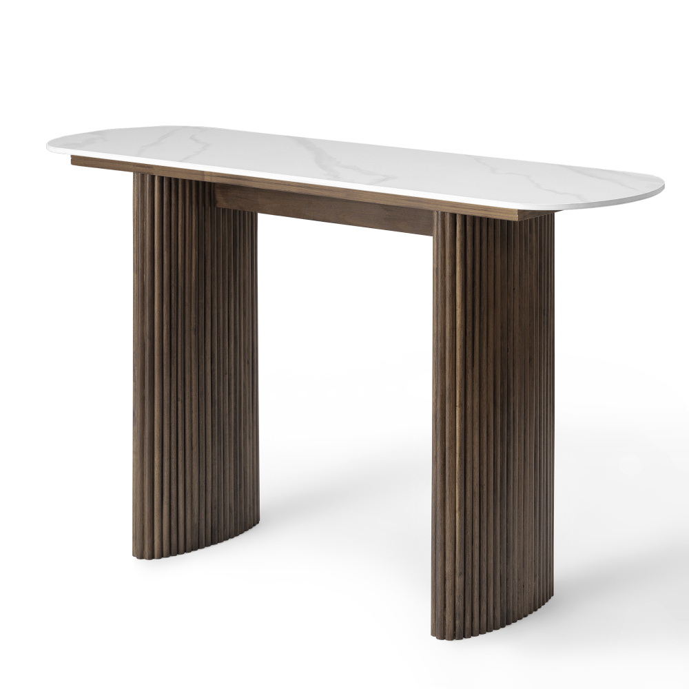 47.24" Walnut Console Table with Sintered Stone Top, Fluted Solid Wood Base Sofa Table