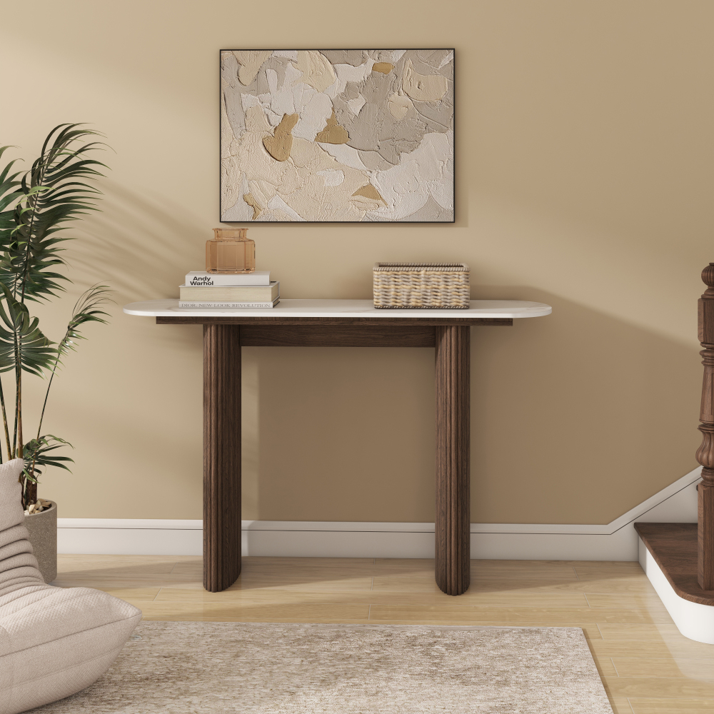47.24" Walnut Console Table with Sintered Stone Top, Fluted Solid Wood Base Sofa Table