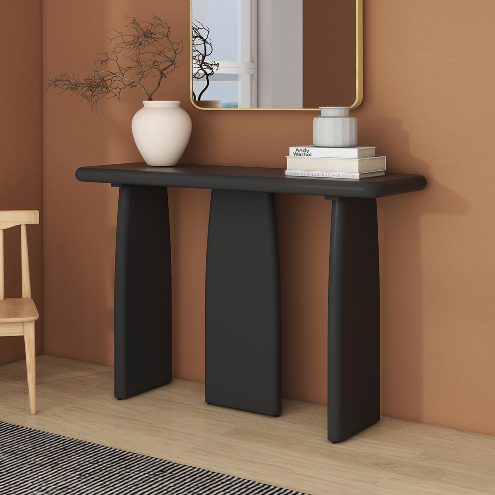 47.24" Black Modern Console Table with 3 Legs, Natural Wood Grain Entryway Table, Sofa Table for Living Room