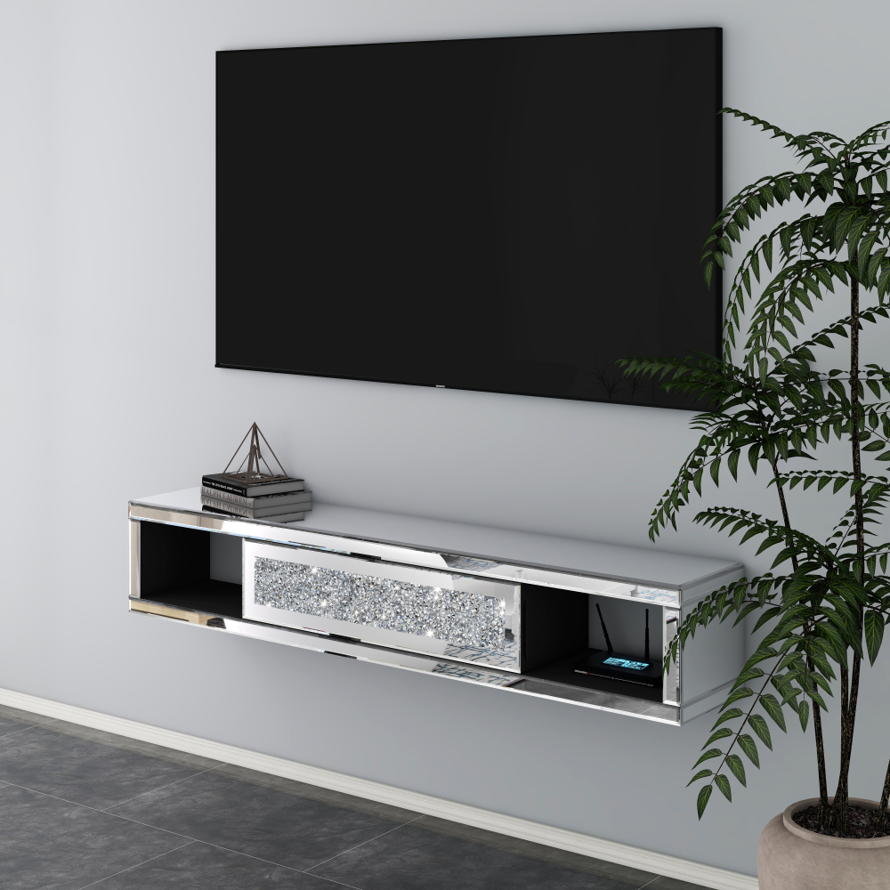 47 1/2" Mirrored Floating TV Shelf Crushed Diamonds Wall Mounted