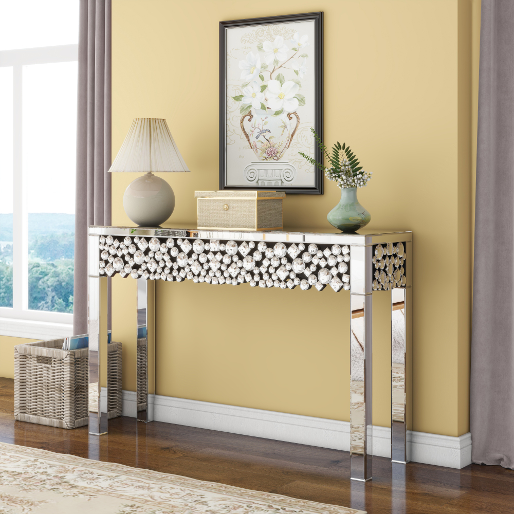 Glam Mirrored Entryway Table Console Table with Crystal Frame
