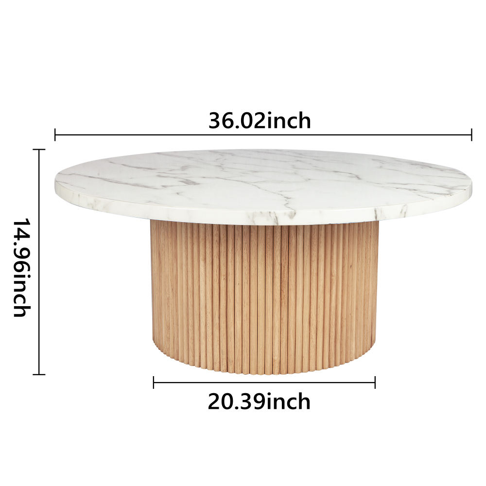 35" Fax Marble Top Coffee Table Round, Solid Wood Fluted Base Coffee Table