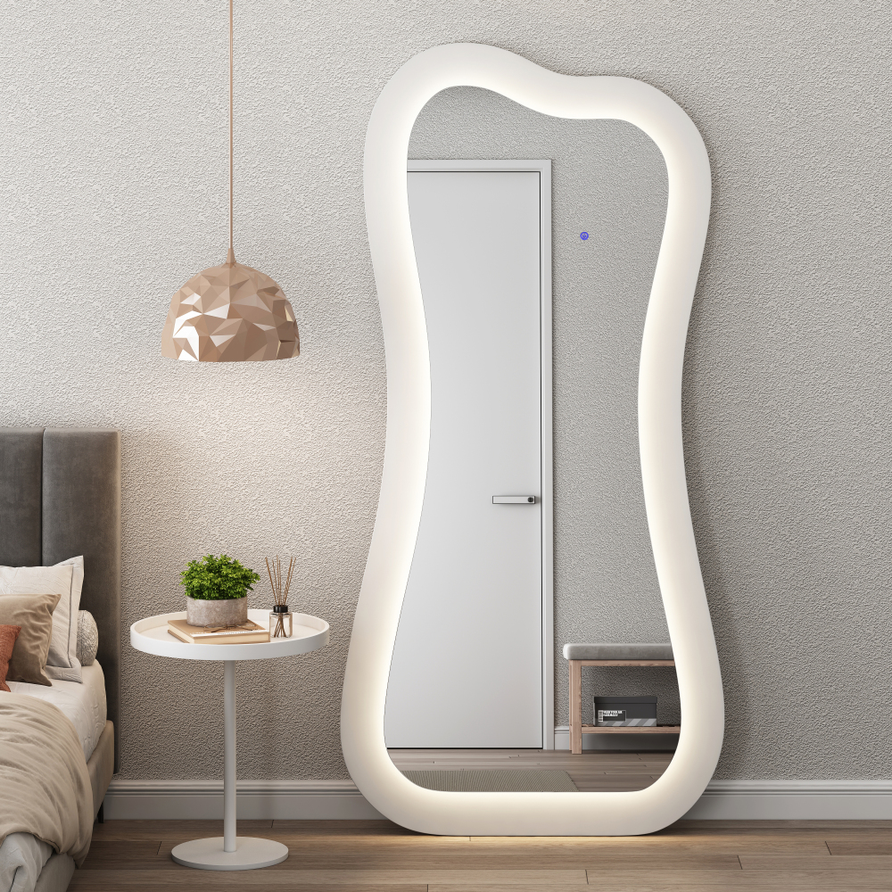 Modern Creative White Wood Floor Mirror with LED Home Furniture Livingroom Bedroom Decorative Art Makeup Dressing Mirror