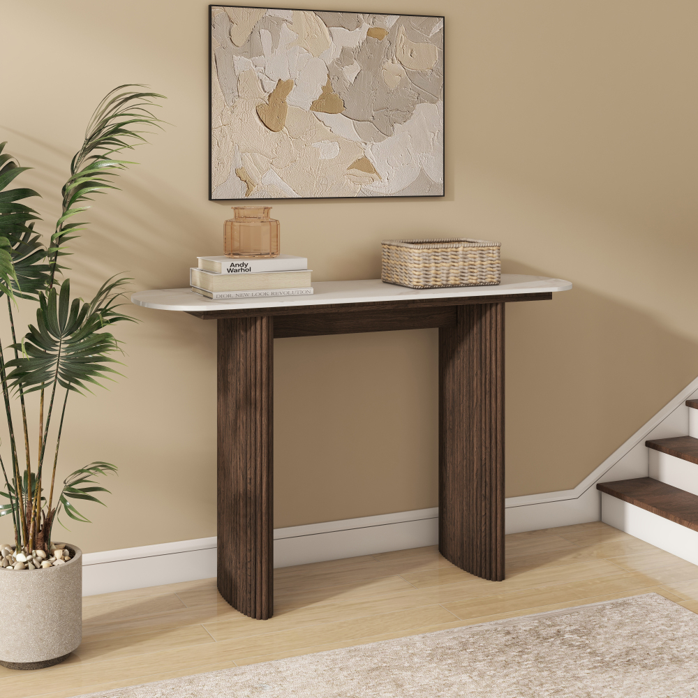 47.24" Walnut Console Table with Sintered Stone Top, Fluted Solid Wood Base Sofa Table