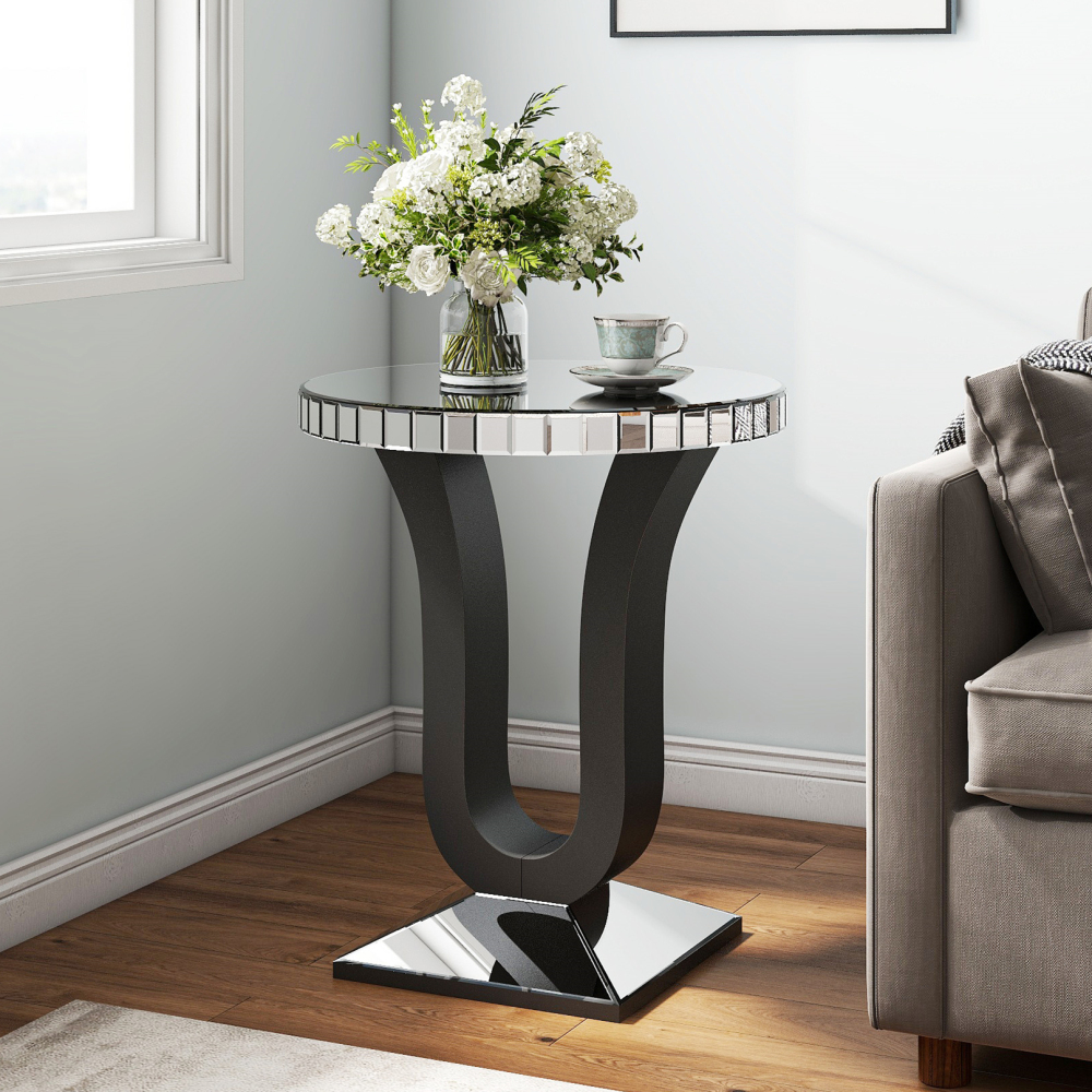 SHYFOY Modern Mirrored Side Table with Black Wood Base