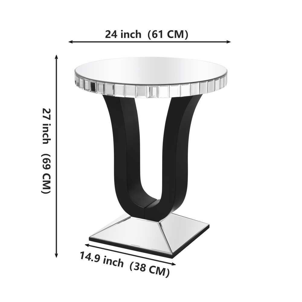 SHYFOY Modern Mirrored Side Table with Black Wood Base