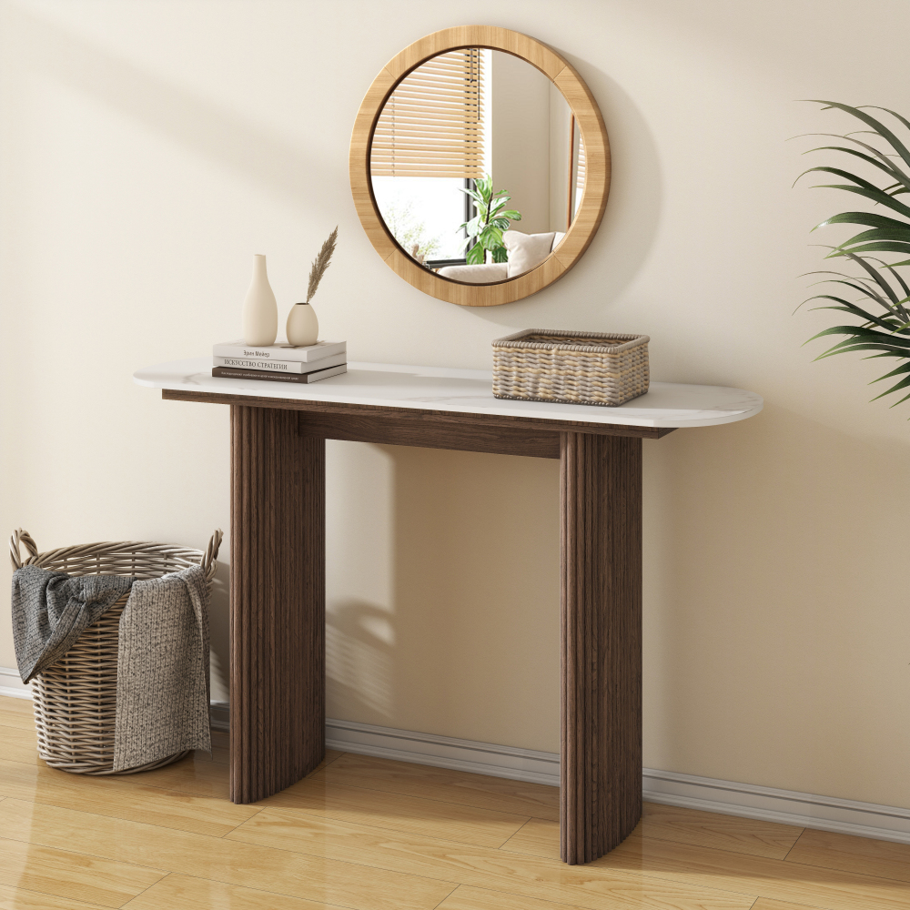 47.24" Walnut Console Table with Sintered Stone Top, Fluted Solid Wood Base Sofa Table