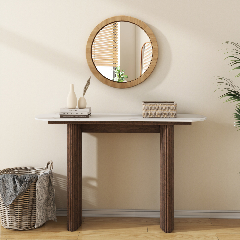47.24" Walnut Console Table with Sintered Stone Top, Fluted Solid Wood Base Sofa Table