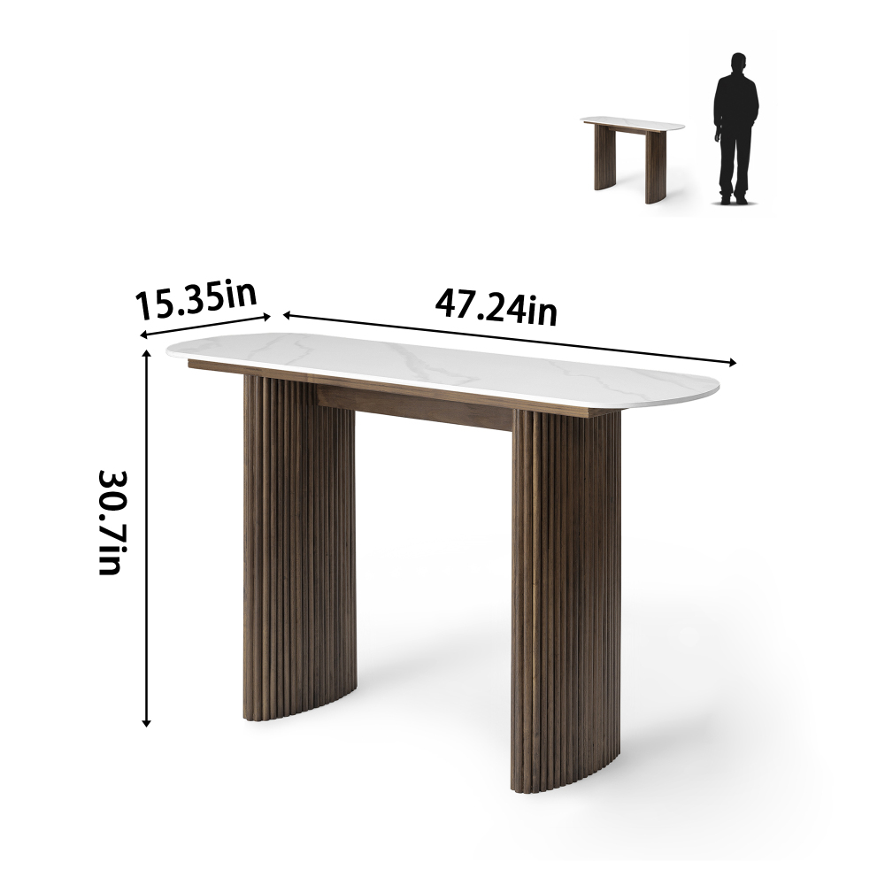 47.24" Walnut Console Table with Sintered Stone Top, Fluted Solid Wood Base Sofa Table