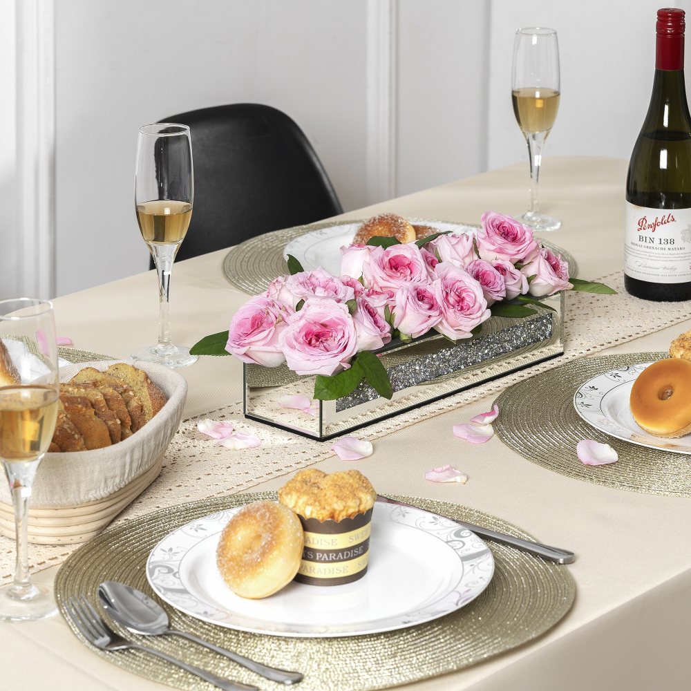 Flower Vase Rectangular Crushed Diamond Mirrored Vases for Centerpiece, Luxury Flower Arrangement