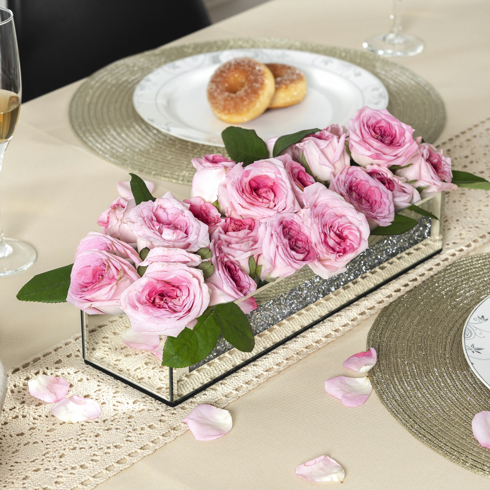 Flower Vase Rectangular Crushed Diamond Mirrored Vases for Centerpiece, Luxury Flower Arrangement