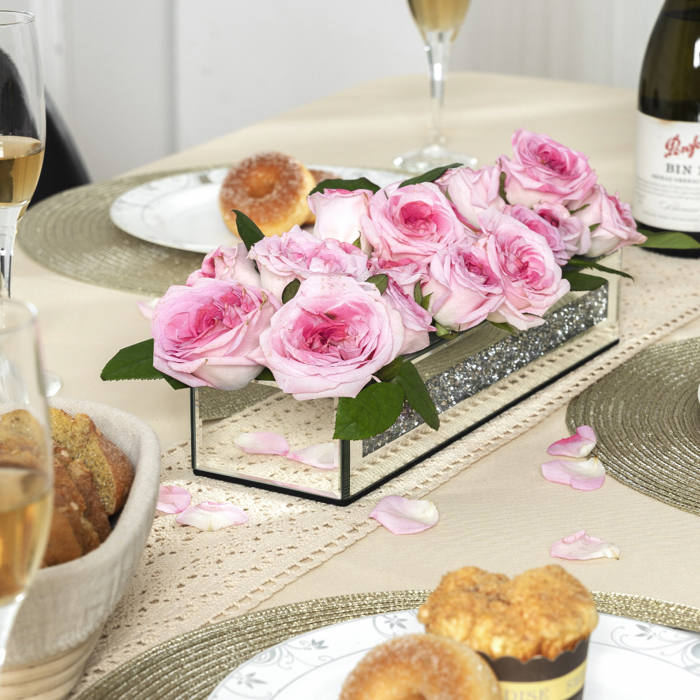 Flower Vase Rectangular Crushed Diamond Mirrored Vases for Centerpiece, Luxury Flower Arrangement