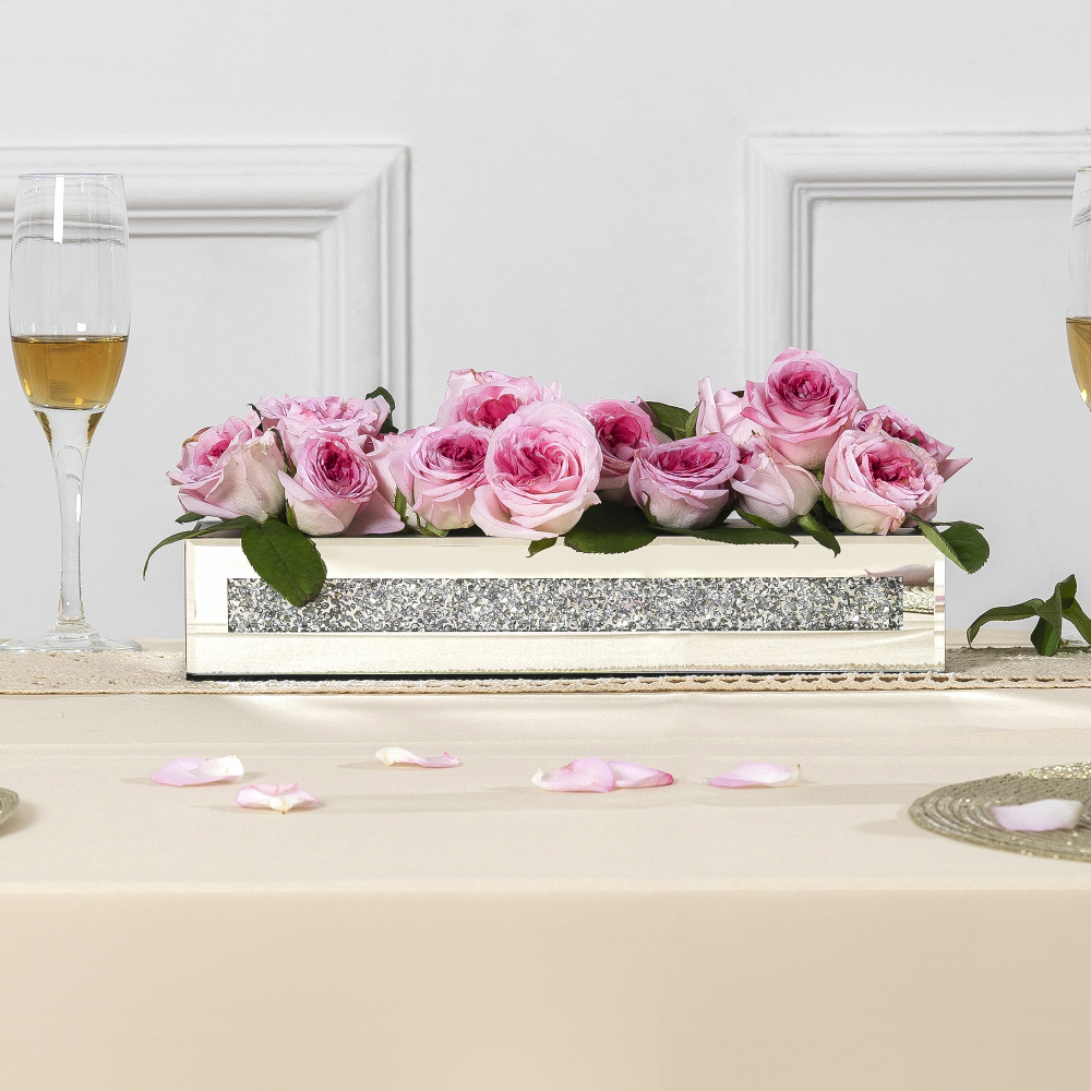 Flower Vase Rectangular Crushed Diamond Mirrored Vases for Centerpiece, Luxury Flower Arrangement
