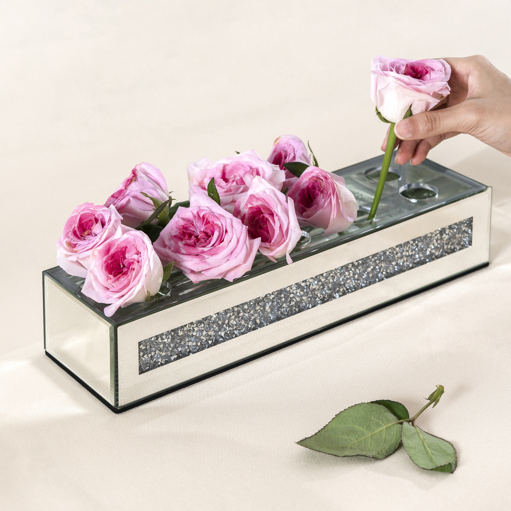 Flower Vase Rectangular Crushed Diamond Mirrored Vases for Centerpiece, Luxury Flower Arrangement