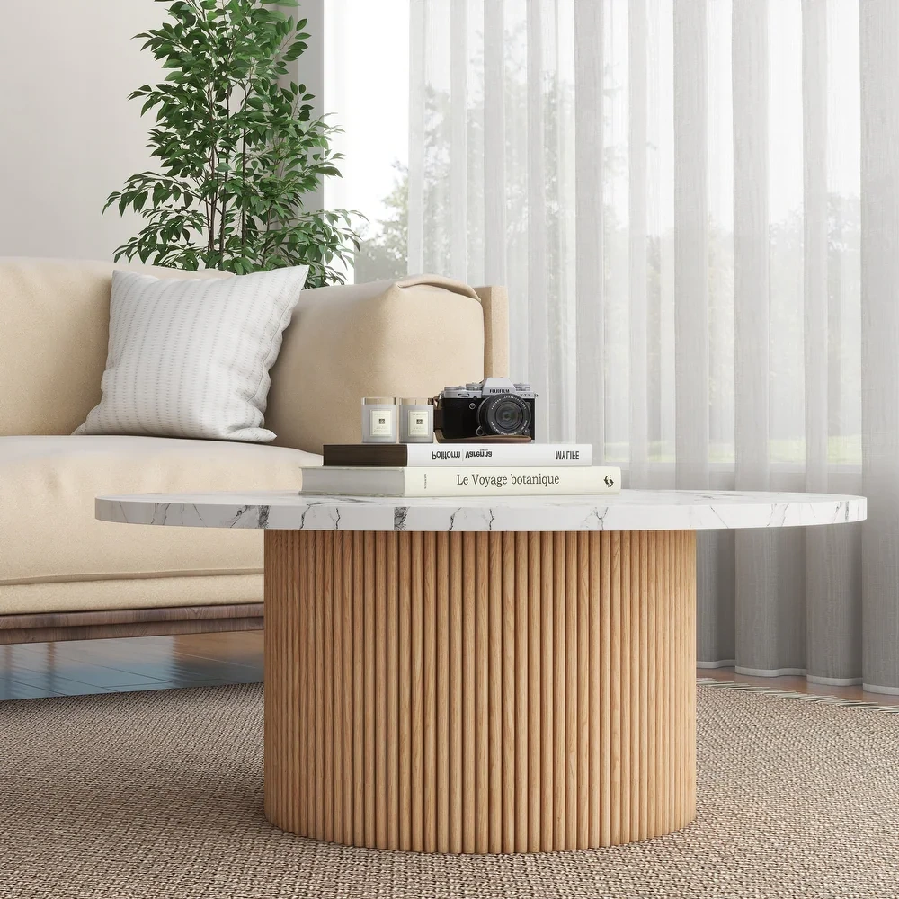 35" Fax Marble Top Coffee Table Round, Solid Wood Fluted Base Coffee Table