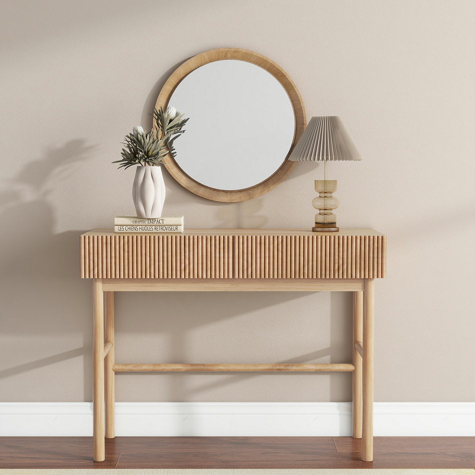 41.7" Console Table for Entryway, Sofa Table with 2 Drawers, Solid Wood Legs, White Oak Finish Hallway Table