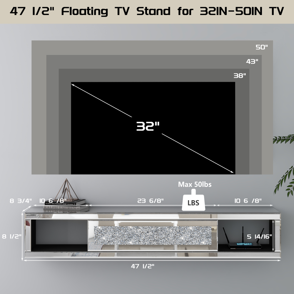 47 1/2" Mirrored Floating TV Shelf Crushed Diamonds Wall Mounted