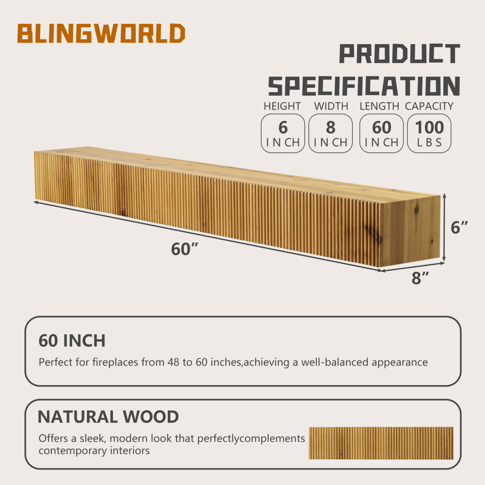 Fireplace Mantel, 60" Wood Fluted Floating Mantel Shelf for Over Fireplace or Under TV