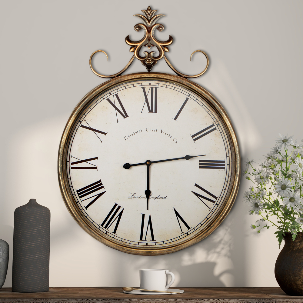 Gold Wall Clock 31" x 23.5", Large Clock Wall Decor, Vintage WallClock for Living Room