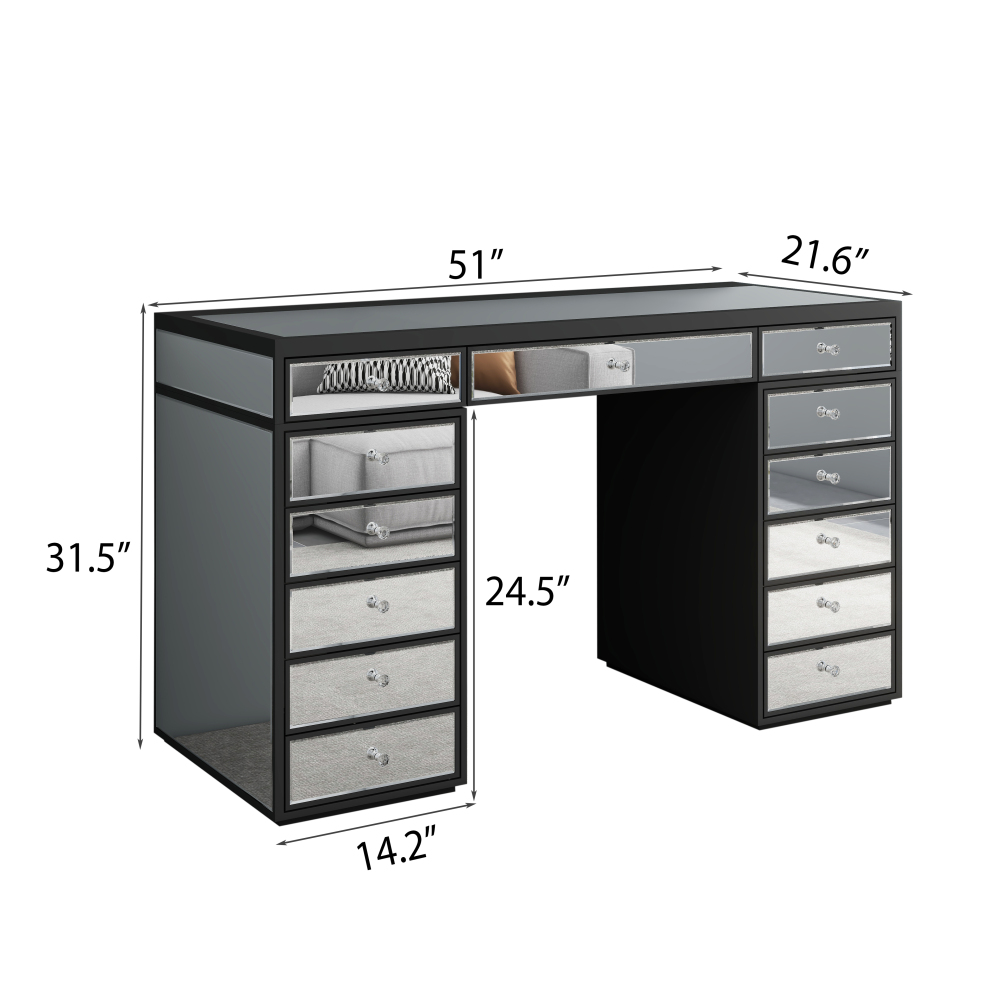 Luxury Vanity Table with Mirror Finish – 13 Drawer Makeup Organizer Desk, Black Frame with Reflective Glass Fronts
