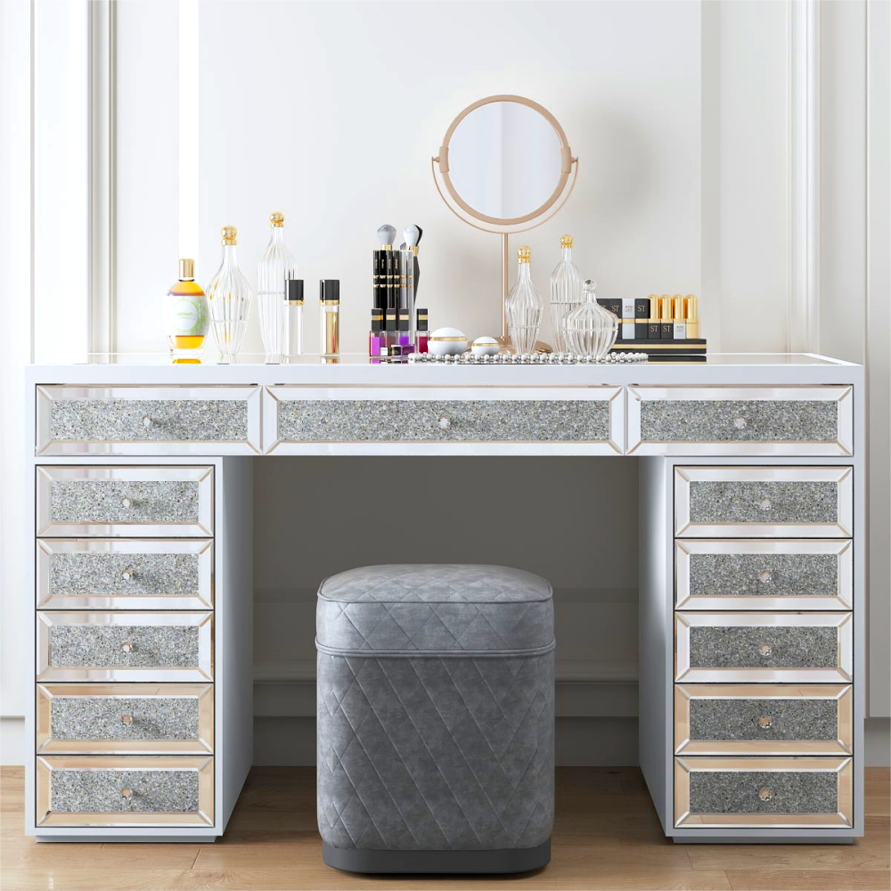 Mirrored Finish Vanity Desk Dresser with 13-Drawer - White