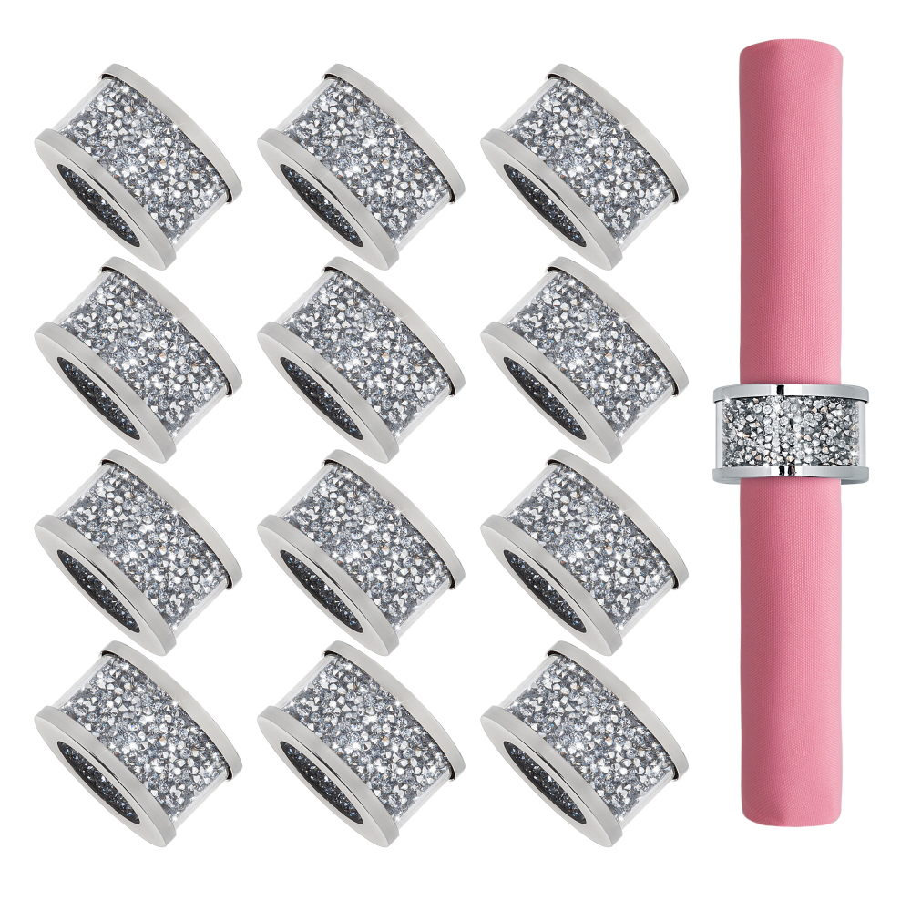 Napkin Rings Silver Set of 12, Bling Cloth Holder Napkin Ring Full of Crushed Diamond for Dinner Party,Wedding