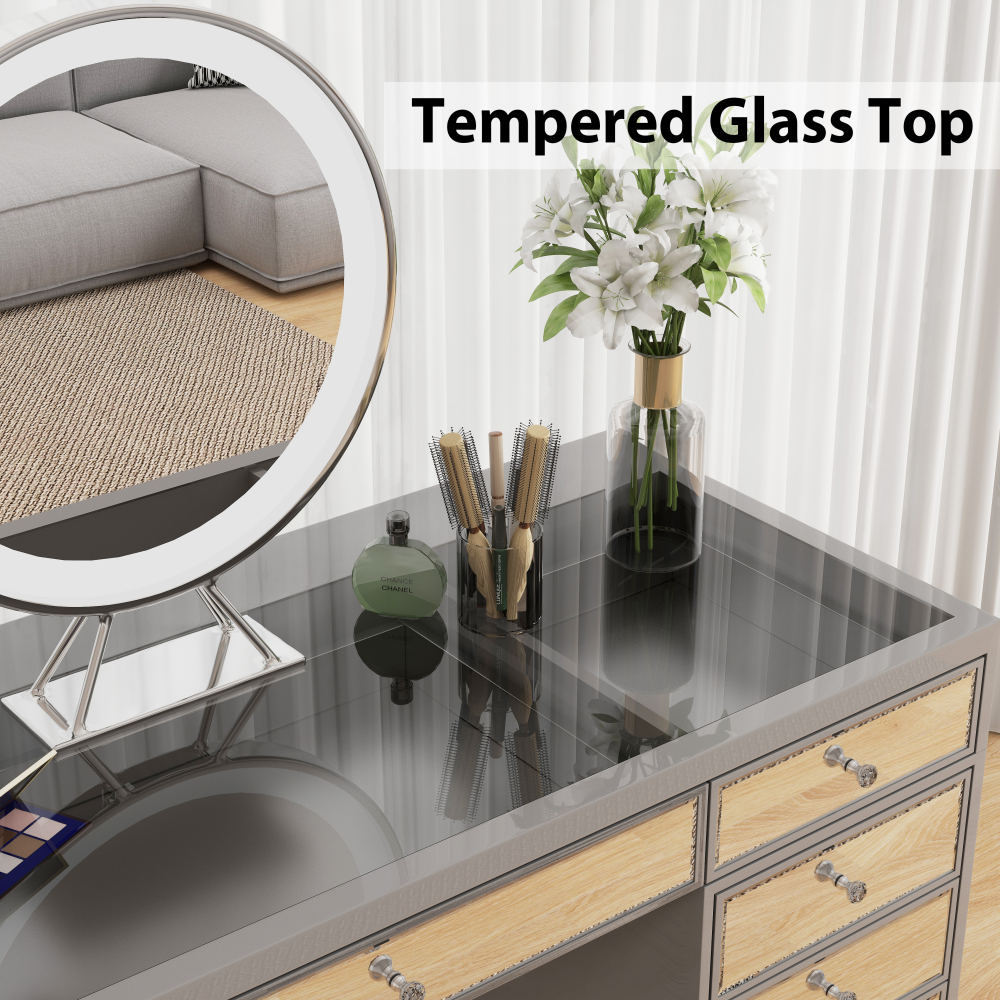 Crystal Knob Mirrored Vanity Table – 13 Drawer Black Makeup Desk with Decorative Glass Panels for Bedroom Beauty Setup