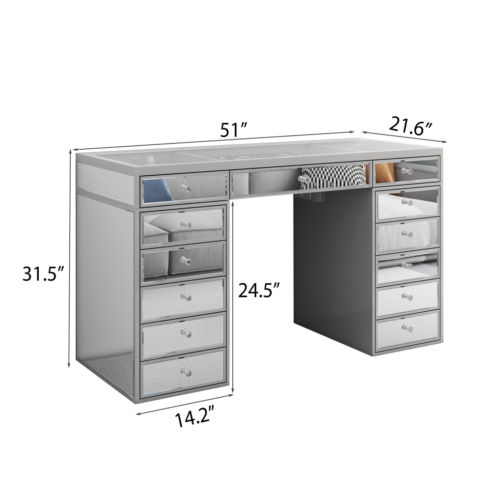 Crystal Knob Mirrored Vanity Table – 13 Drawer Black Makeup Desk with Decorative Glass Panels for Bedroom Beauty Setup