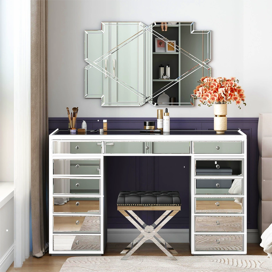 green emerald velvet dress Diamond Crush Mirrored Dressing Table with Stools and Mirror and Led l –  Alpha Furniture main image 1
