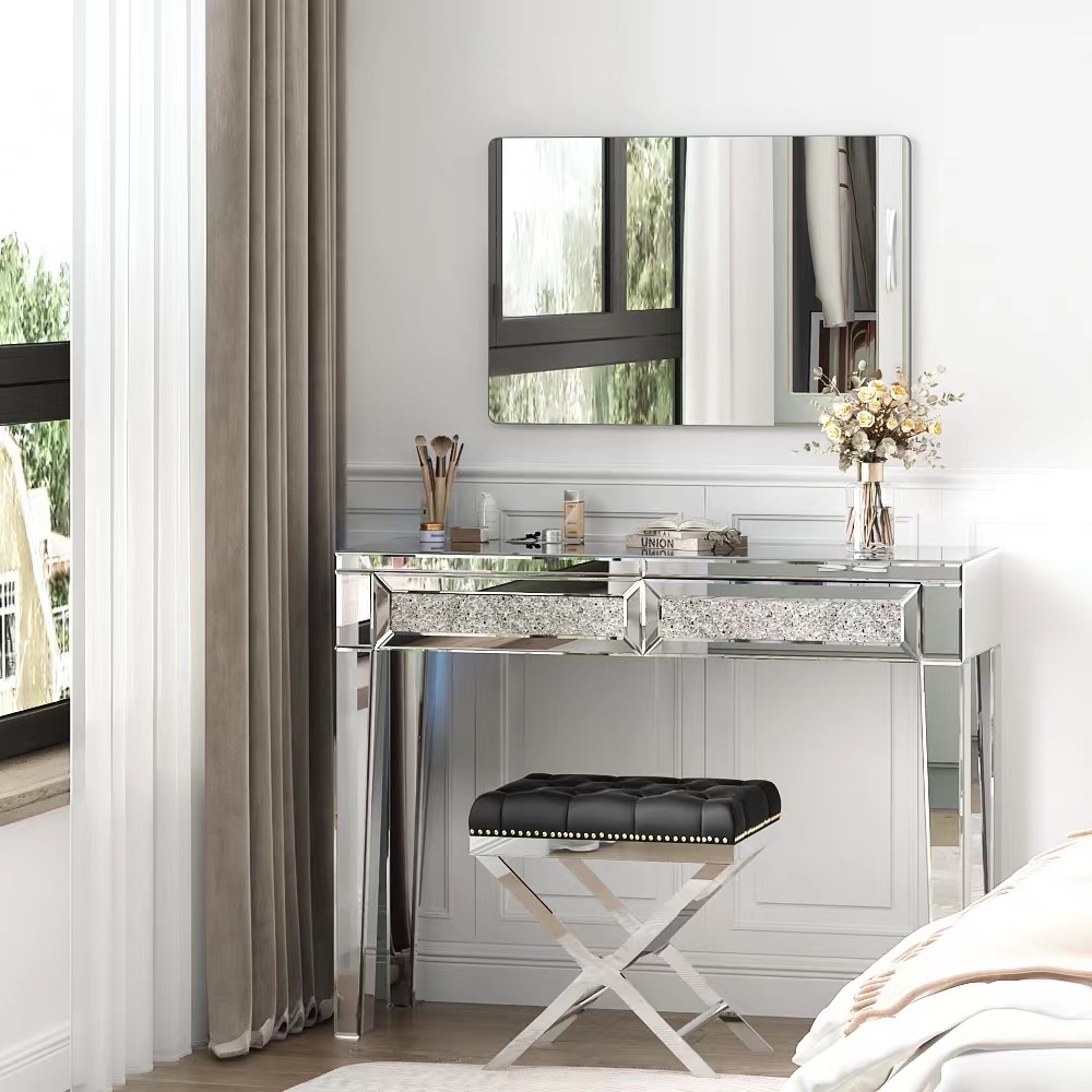 Mirrored Vanity Dresser with Drawers for Bedroom, Silver Make Up Table Inlay with Crushed Crystals