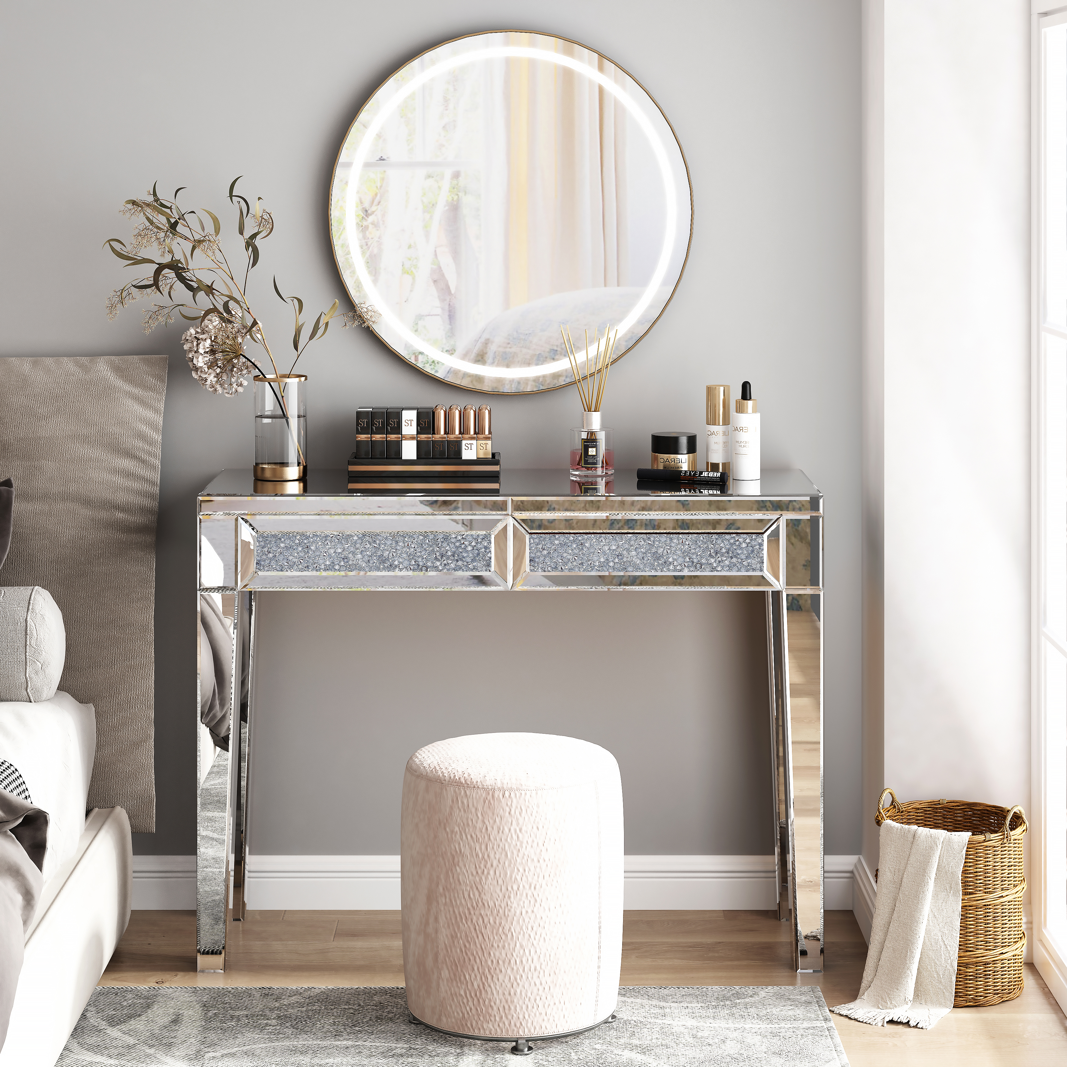 SHYFOY Mirrored Vanity Dresser with Drawers for Bedroom, Silver Make Up Table Inlay with Crushed Crystals SHYFOY Mirrored Vanity Dresser with Drawers for Bedroom, Silver Make Up Table Inlay with Crushed Crystals