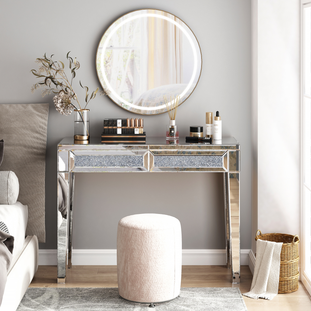 Mirrored Vanity Dresser with Drawers for Bedroom, Silver Make Up Table Inlay with Crushed Crystals