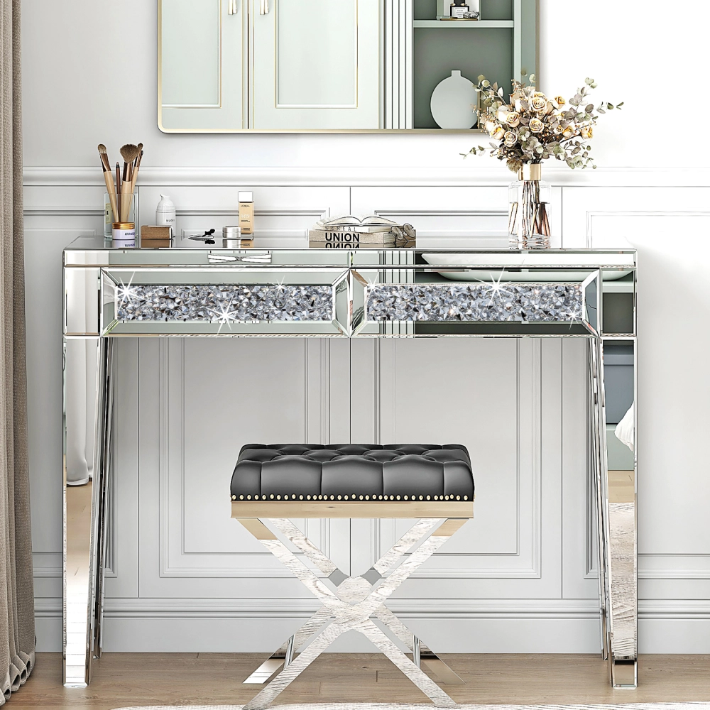 SHYFOY Mirrored Vanity Dresser with Drawers for Bedroom, Silver Make Up  Table Inlay with Crushed Crystals