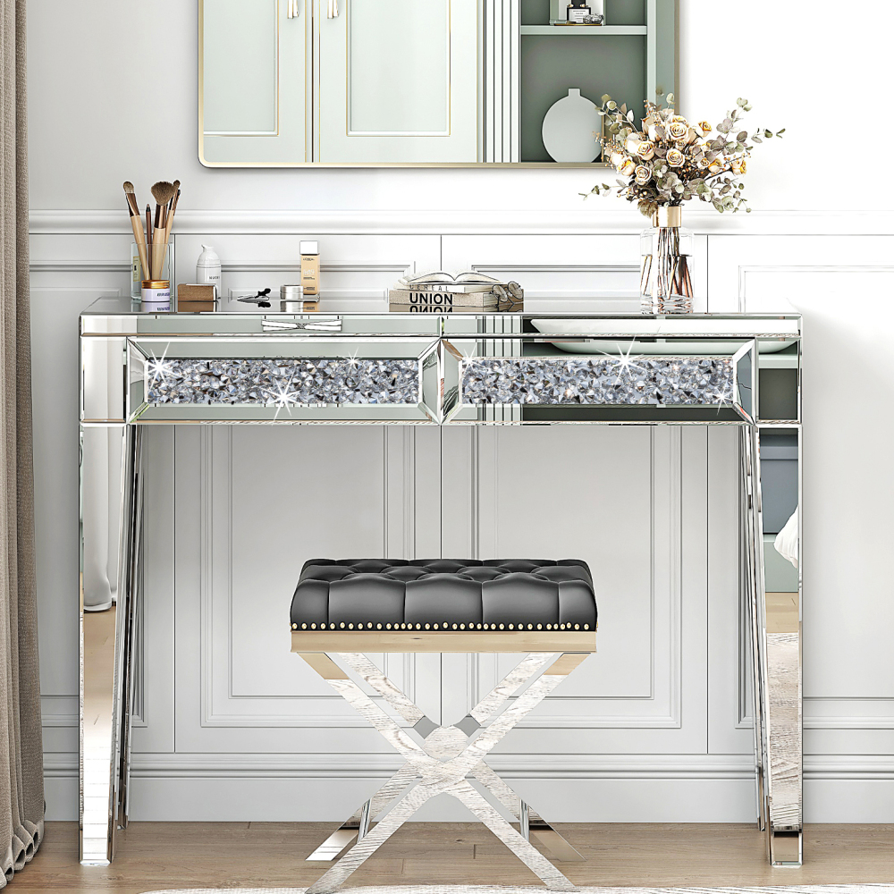 Mirrored Vanity Dresser with Drawers for Bedroom, Silver Make Up Table Inlay with Crushed Crystals