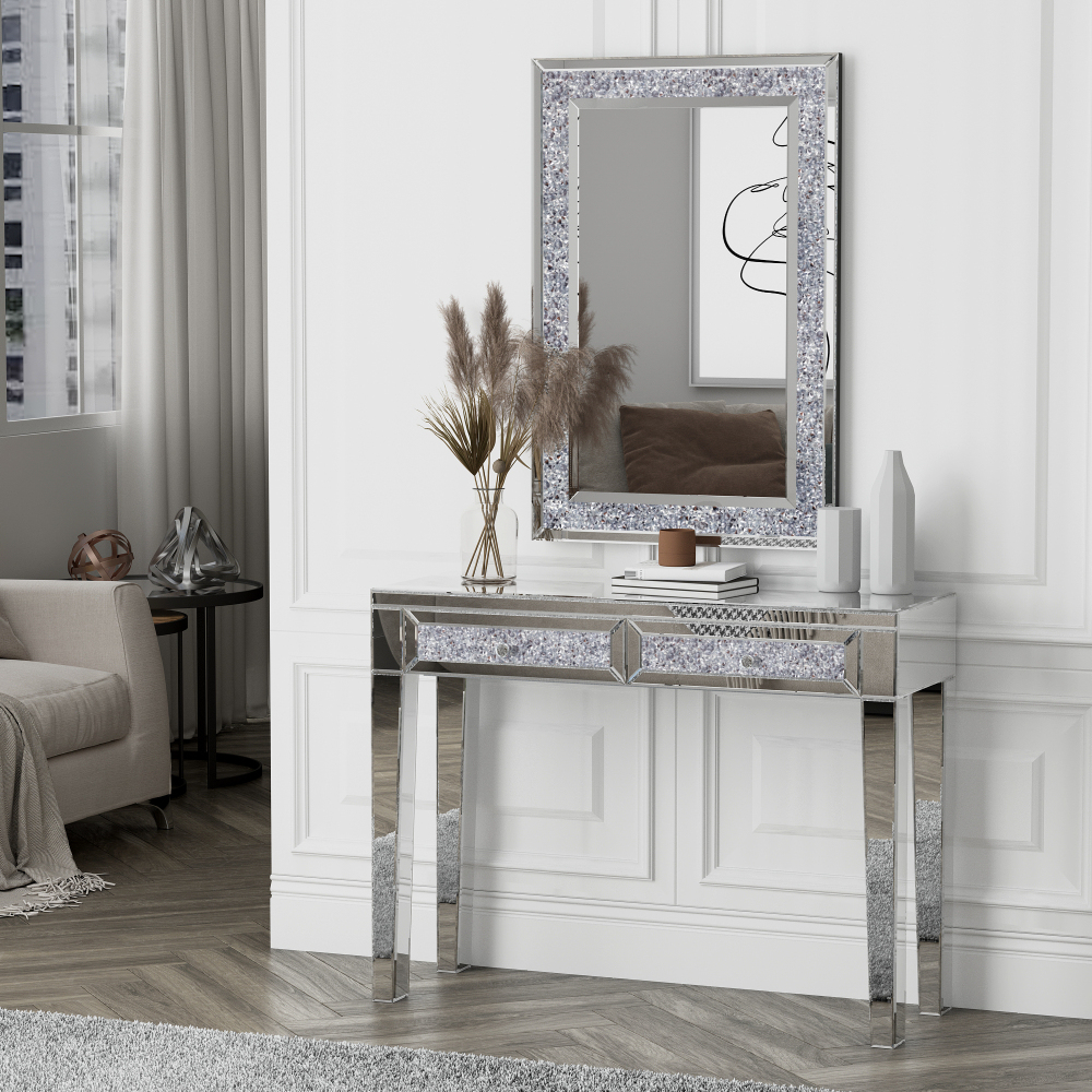Mirrored Vanity Dresser with Drawers for Bedroom, Silver Make Up Table Inlay with Crushed Crystals
