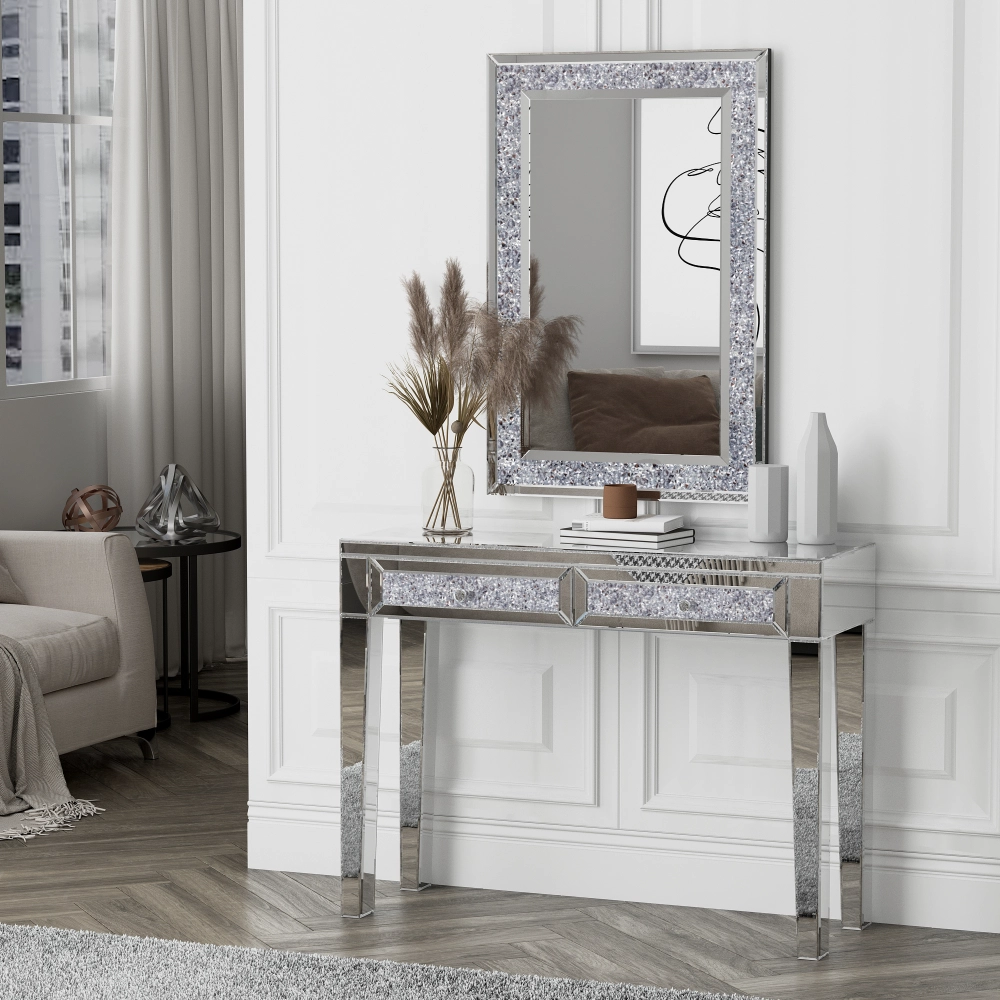 SHYFOY Mirrored Vanity Dresser with Drawers for Bedroom, Silver Make Up Table Inlay with Crushed Crystals SHYFOY Mirrored Vanity Dresser with Drawers for Bedroom, Silver Make Up Table Inlay with Crushed Crystals