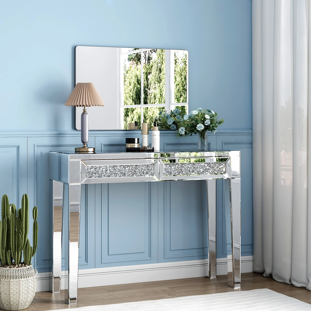 SHYFOY Mirrored Vanity Dresser with Drawers for Bedroom, Silver Make Up Table Inlay with Crushed Crystals SHYFOY Mirrored Vanity Dresser with Drawers for Bedroom, Silver Make Up Table Inlay with Crushed Crystals
