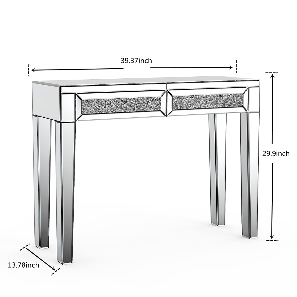 Mirrored Vanity Dresser with Drawers for Bedroom, Silver Make Up Table Inlay with Crushed Crystals