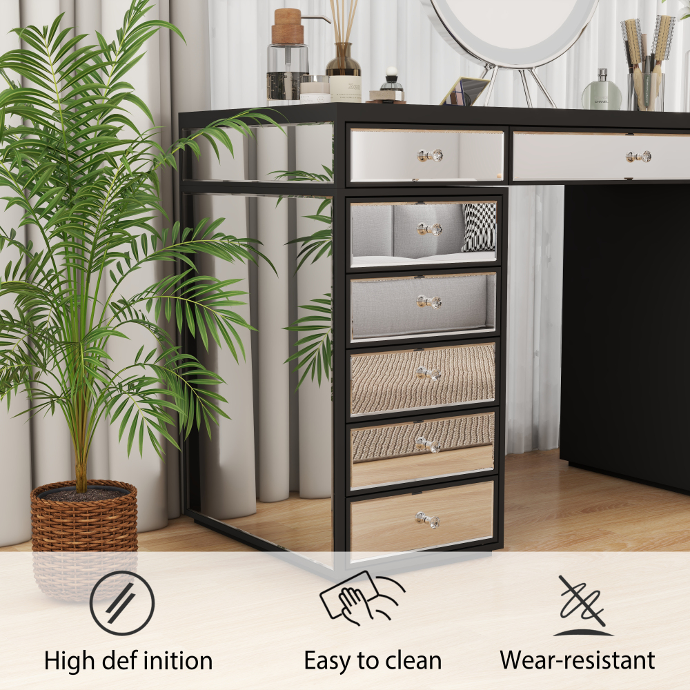 Luxury Vanity Table with Mirror Finish – 13 Drawer Makeup Organizer Desk, Black Frame with Reflective Glass Fronts