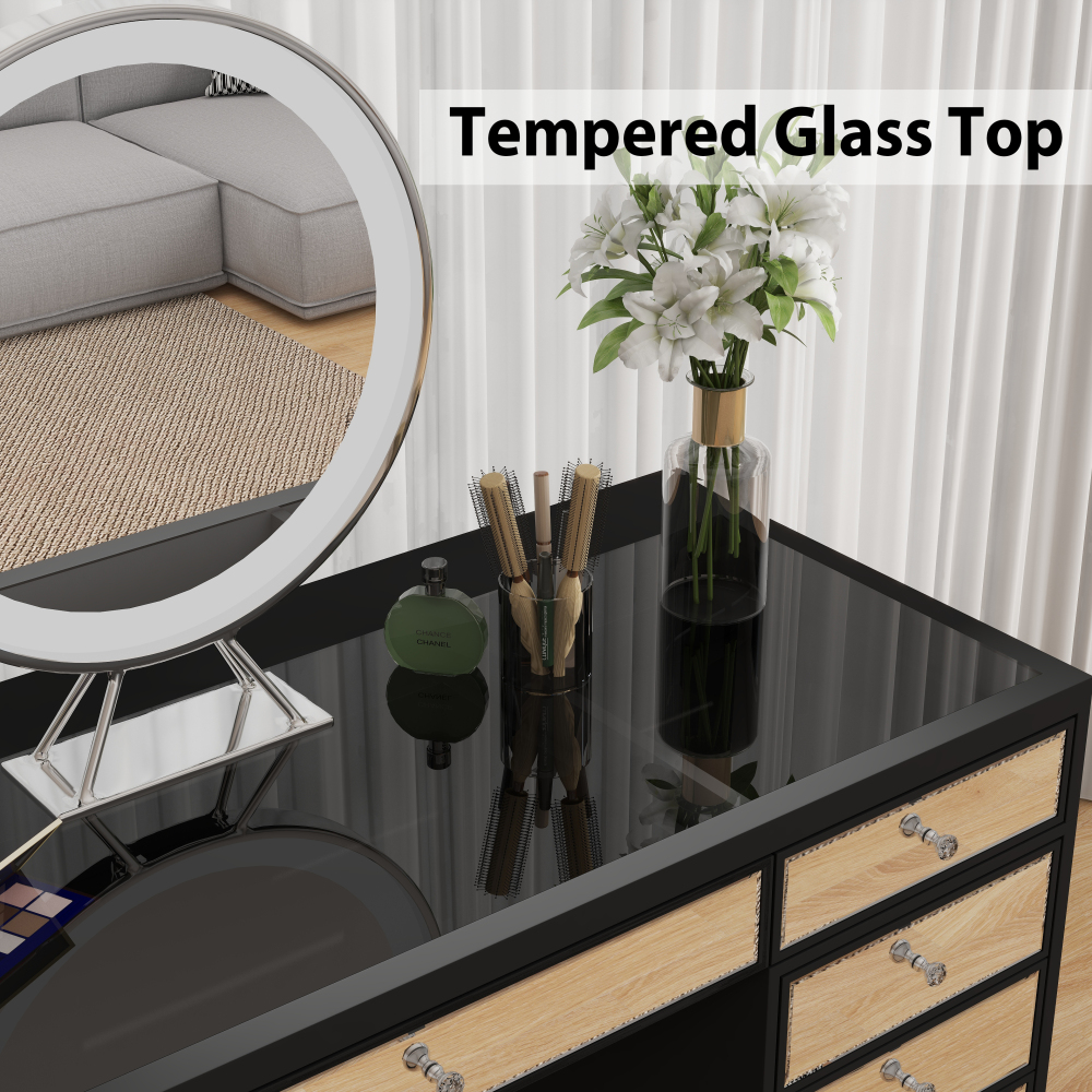 Luxury Vanity Table with Mirror Finish – 13 Drawer Makeup Organizer Desk, Black Frame with Reflective Glass Fronts