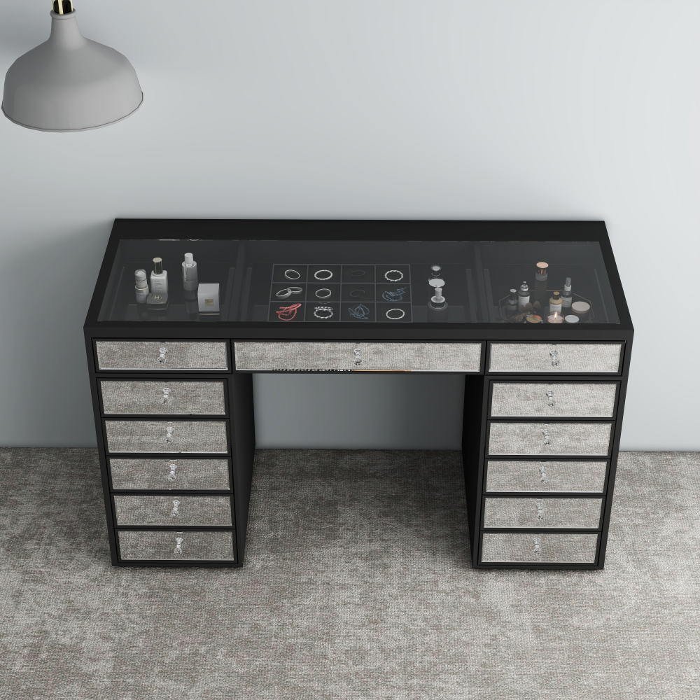 Luxury Vanity Table with Mirror Finish – 13 Drawer Makeup Organizer Desk, Black Frame with Reflective Glass Fronts
