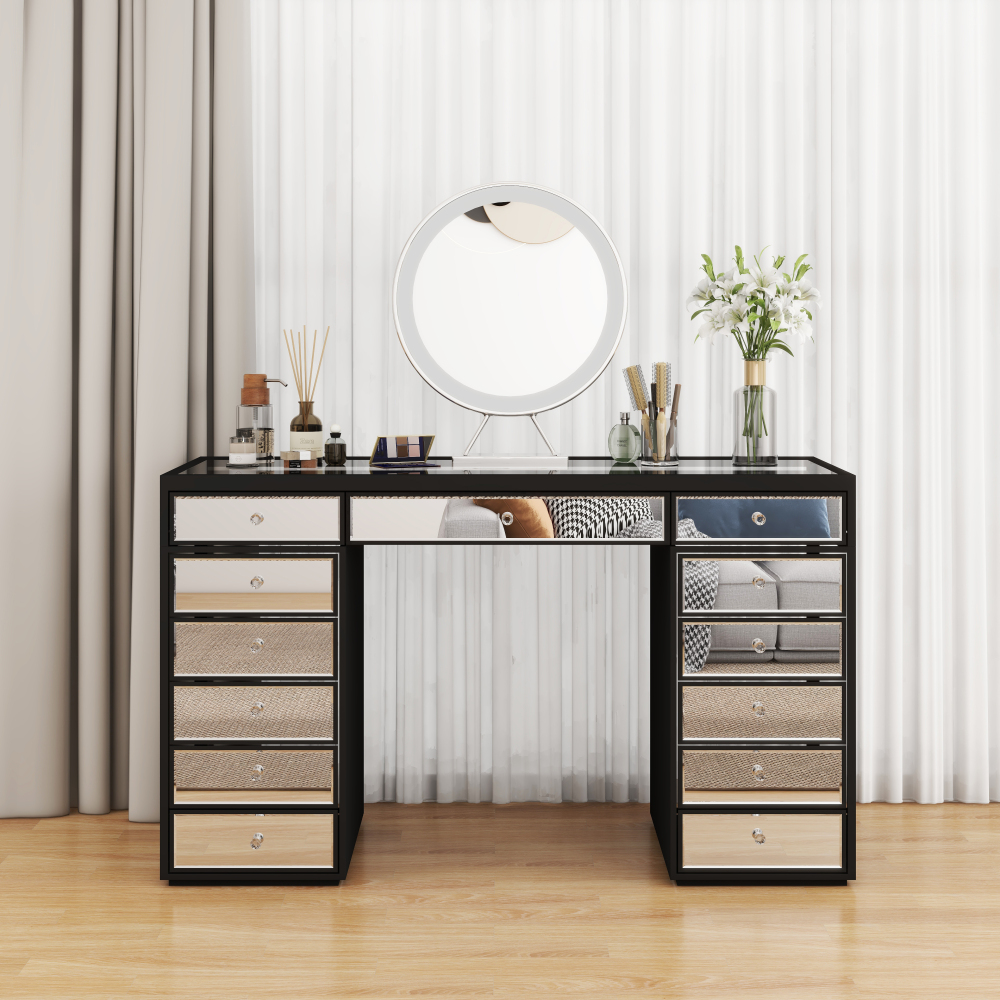 Luxury Vanity Table with Mirror Finish – 13 Drawer Makeup Organizer Desk, Black Frame with Reflective Glass Fronts