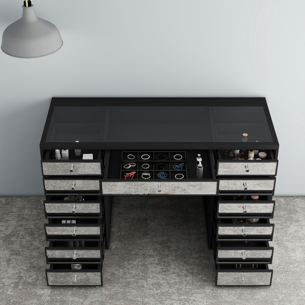 Luxury Vanity Table with Mirror Finish – 13 Drawer Makeup Organizer Desk, Black Frame with Reflective Glass Fronts