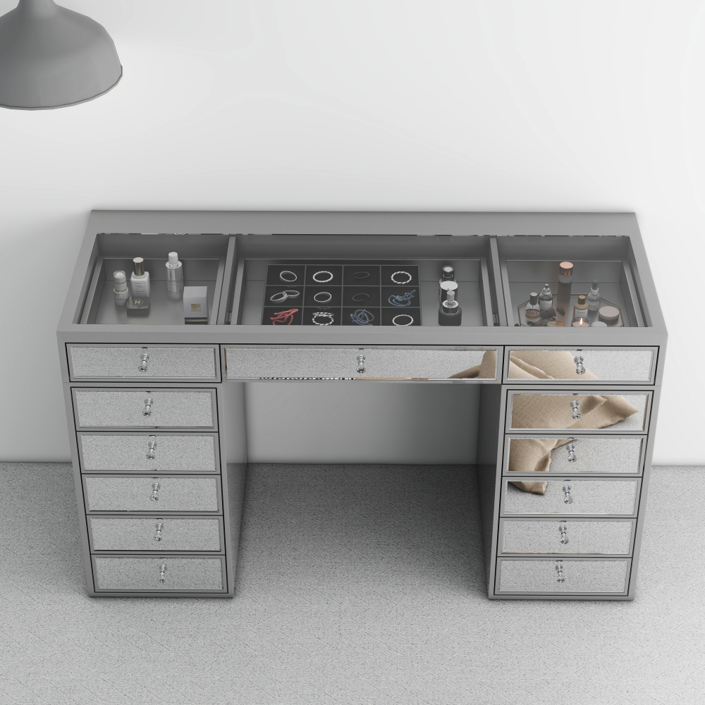 Crystal Knob Mirrored Vanity Table – 13 Drawer Black Makeup Desk with Decorative Glass Panels for Bedroom Beauty Setup